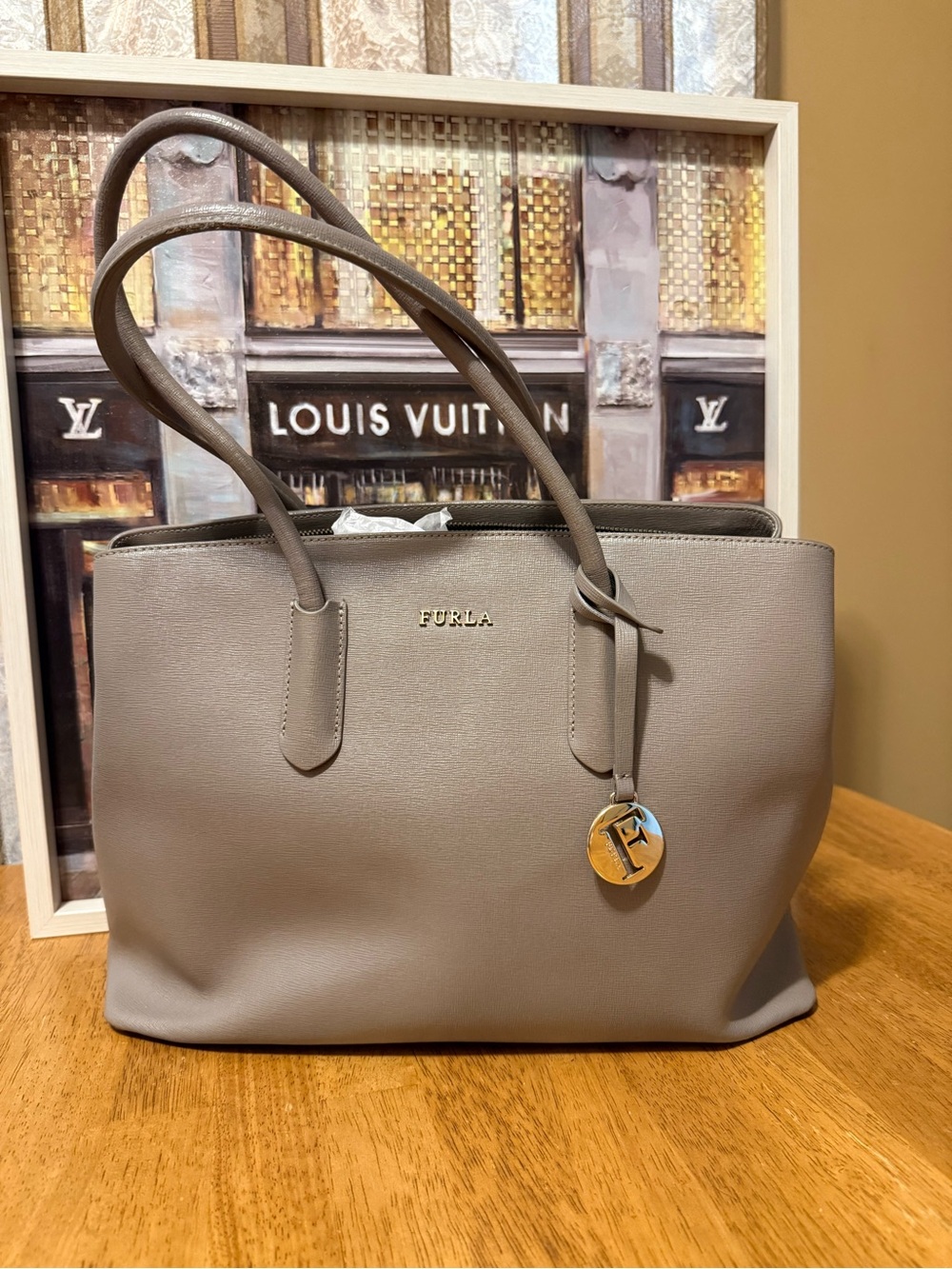 Furla Taupe Gray Leather Tote with Gold Charm